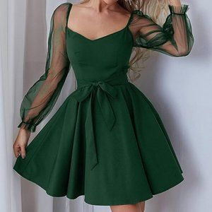 WDIRARA Women's V Neck Mesh Bishop Long Sleeve Ruffle Hem Belted Dress